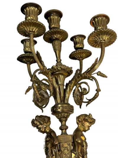 PAIR OF FRENCH 19TH CENTURY BRONZE MARBLE FIVE CANDLE CUP SATYR CANDELABRA