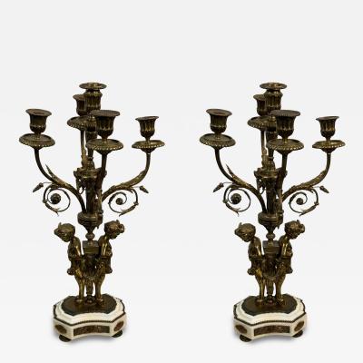 PAIR OF FRENCH 19TH CENTURY BRONZE MARBLE FIVE CANDLE CUP SATYR CANDELABRA