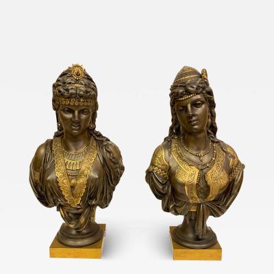 PAIR OF FRENCH ANTIQUE GILT PATINATED BRONZE ORIENTALIST BUSTS 19TH CENTURY