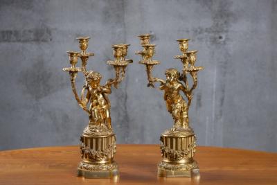 PAIR OF FRENCH DOR BRONZE CHERUB CANDELABRAS