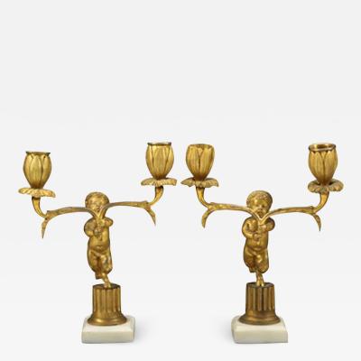 PAIR OF FRENCH GILT BRONZE AND MARBLE CANDLE HOLDERS CIRCA 1900