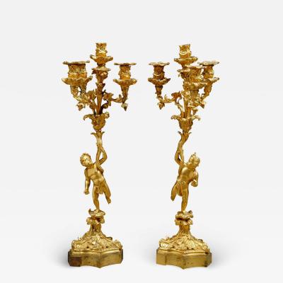 PAIR OF FRENCH GILT BRONZE LOUIS XV STYLE 4 BRANCH CANDELABRAS 19TH CENTURY