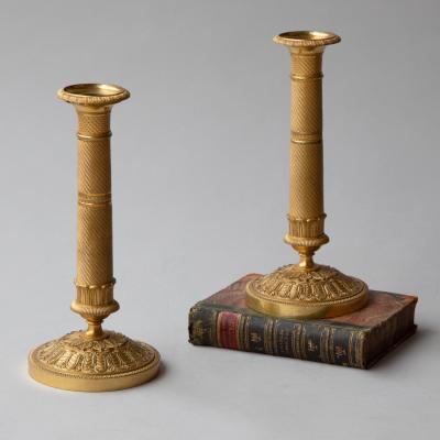 PAIR OF GILT BRONZE 19TH CENTURY RESTAURATION PERIOD CANDLESTICKS