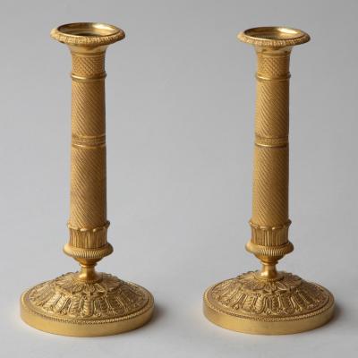PAIR OF GILT BRONZE 19TH CENTURY RESTAURATION PERIOD CANDLESTICKS