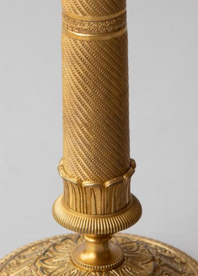 PAIR OF GILT BRONZE 19TH CENTURY RESTAURATION PERIOD CANDLESTICKS