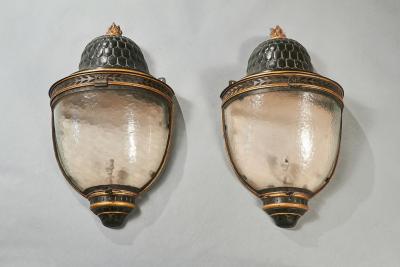 PAIR OF LARGE EARLY 19TH C FRENCH TOLE PEINTE PARCEL GILT WALL LANTERNS