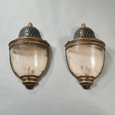 PAIR OF LARGE EARLY 19TH C FRENCH TOLE PEINTE PARCEL GILT WALL LANTERNS