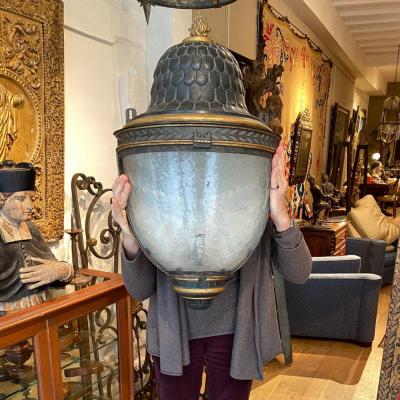 PAIR OF LARGE EARLY 19TH C FRENCH TOLE PEINTE PARCEL GILT WALL LANTERNS