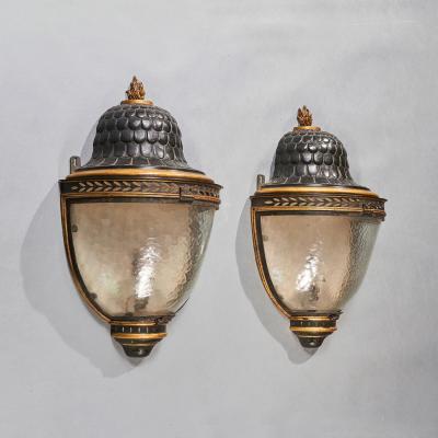 PAIR OF LARGE EARLY 19TH C FRENCH TOLE PEINTE PARCEL GILT WALL LANTERNS