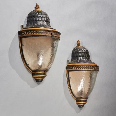 PAIR OF LARGE EARLY 19TH C FRENCH TOLE PEINTE PARCEL GILT WALL LANTERNS
