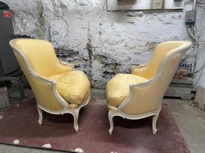 PAIR OF LOUIS XV STYLE YELLOW PAINTED ARMCHAIRS