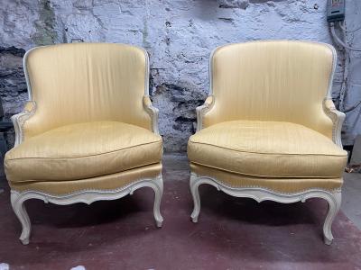 PAIR OF LOUIS XV STYLE YELLOW PAINTED ARMCHAIRS
