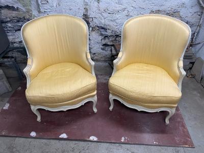 PAIR OF LOUIS XV STYLE YELLOW PAINTED ARMCHAIRS