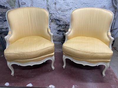 PAIR OF LOUIS XV STYLE YELLOW PAINTED ARMCHAIRS