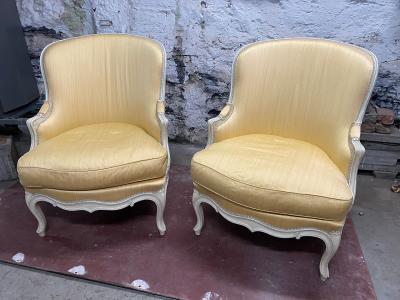 PAIR OF LOUIS XV STYLE YELLOW PAINTED ARMCHAIRS