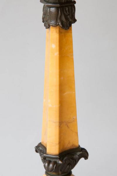 PAIR OF MARBLE PATINATED BRONZE AND GILT BRONZE CANDLESTICKS