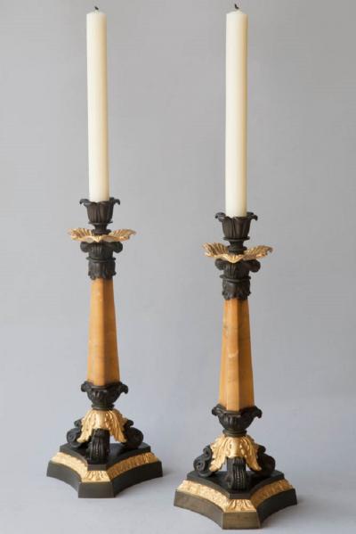 PAIR OF MARBLE PATINATED BRONZE AND GILT BRONZE CANDLESTICKS