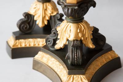 PAIR OF MARBLE PATINATED BRONZE AND GILT BRONZE CANDLESTICKS