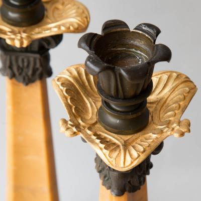 PAIR OF MARBLE PATINATED BRONZE AND GILT BRONZE CANDLESTICKS