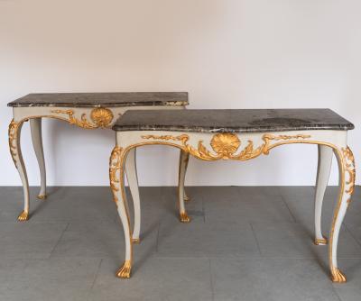 PAIR OF MID 18TH CENTURY GILT AND PAINTED CONSOLE TABLES