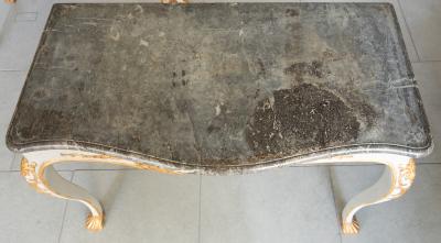 PAIR OF MID 18TH CENTURY GILT AND PAINTED CONSOLE TABLES