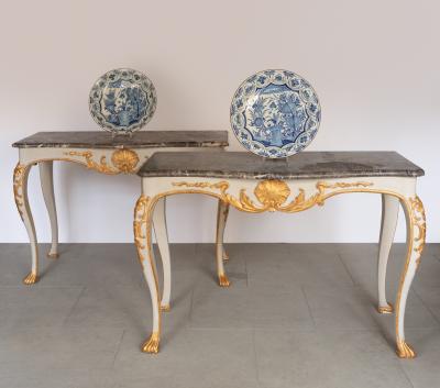 PAIR OF MID 18TH CENTURY GILT AND PAINTED CONSOLE TABLES