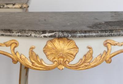 PAIR OF MID 18TH CENTURY GILT AND PAINTED CONSOLE TABLES