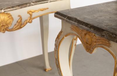 PAIR OF MID 18TH CENTURY GILT AND PAINTED CONSOLE TABLES