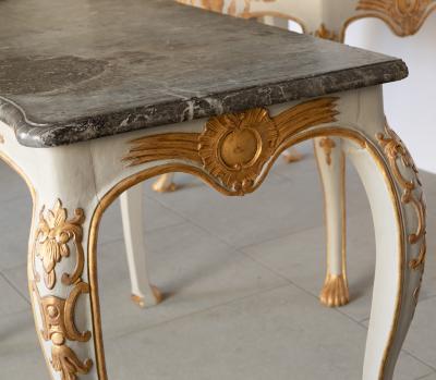 PAIR OF MID 18TH CENTURY GILT AND PAINTED CONSOLE TABLES