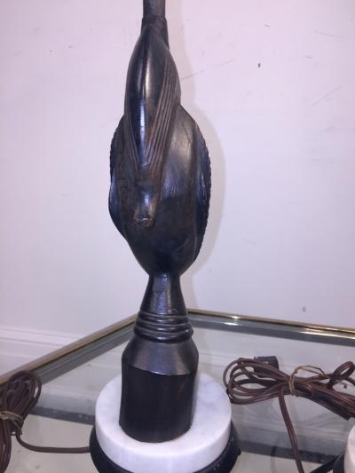 PAIR OF MID CENTURY CARVED WOOD AFRICAN BUST ON TRIPOD MARBLE BASE LAMPS