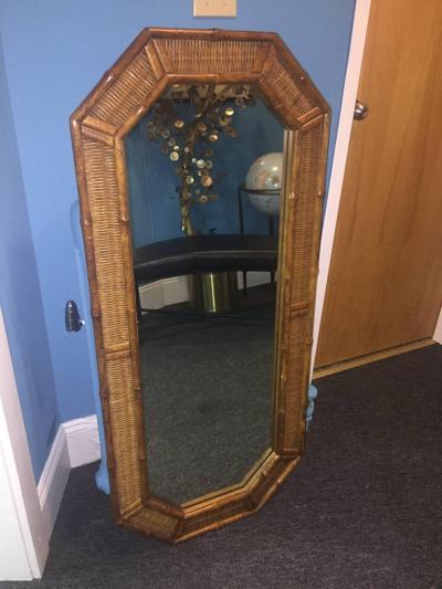 PAIR OF MODERN WOOD BAMBOO AND WICKER ELONGATED OCTAGONAL MIRRORS