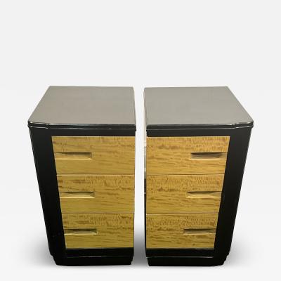 PAIR OF MODERNIST ART DECO BURLWOOD BLACL LACQUER NIGHTSTANDS