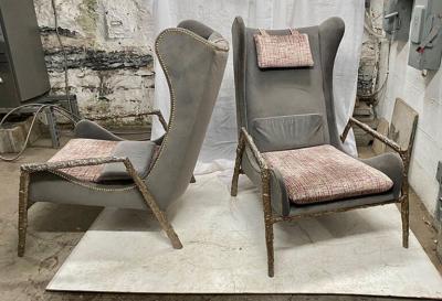 PAIR OF MODERNIST VELVET AND BRONZE WINGBACK ARMCHAIRS WITH BRONZE STRUCTURE