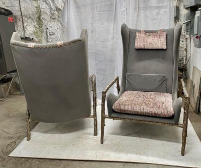 PAIR OF MODERNIST VELVET AND BRONZE WINGBACK ARMCHAIRS WITH BRONZE STRUCTURE