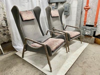PAIR OF MODERNIST VELVET AND BRONZE WINGBACK ARMCHAIRS WITH BRONZE STRUCTURE