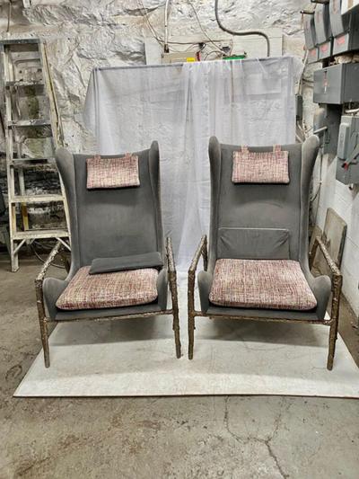 PAIR OF MODERNIST VELVET AND BRONZE WINGBACK ARMCHAIRS WITH BRONZE STRUCTURE
