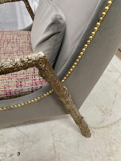 PAIR OF MODERNIST VELVET AND BRONZE WINGBACK ARMCHAIRS WITH BRONZE STRUCTURE