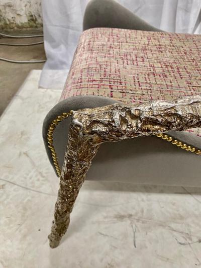 PAIR OF MODERNIST VELVET AND BRONZE WINGBACK ARMCHAIRS WITH BRONZE STRUCTURE