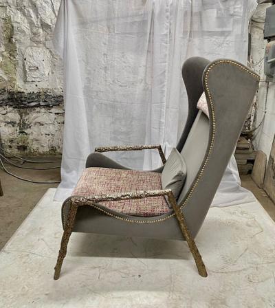 PAIR OF MODERNIST VELVET AND BRONZE WINGBACK ARMCHAIRS WITH BRONZE STRUCTURE