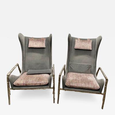 PAIR OF MODERNIST VELVET AND BRONZE WINGBACK ARMCHAIRS WITH BRONZE STRUCTURE