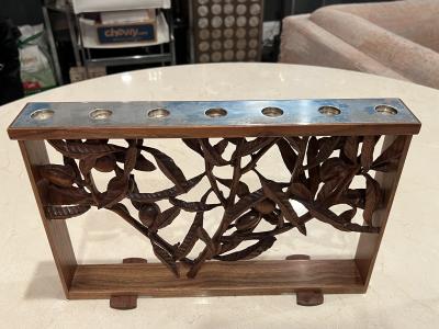 PAIR OF MODERNIST WALNUT STERLING MENORAHS BY DAVID MOSS AND NOAH GREENBERG