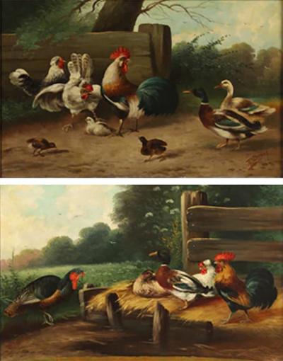 PAIR OF OIL ON CANVAS PAINTINGS DEPICTING CHICKENS AND DUCKS