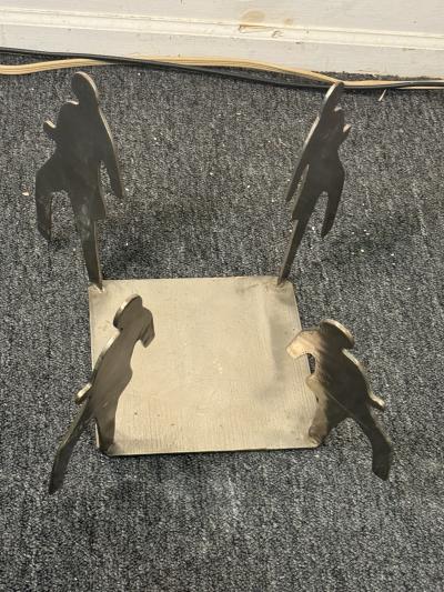 PAIR OF POST MODERN SILHOUETTE METAL FIGURE TABLES STANDS WITH BLUE AGATE TOPS