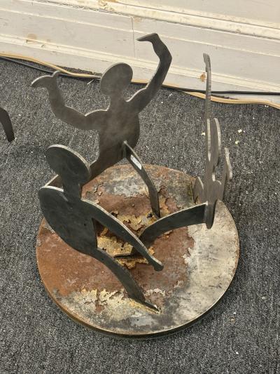 PAIR OF POST MODERN SILHOUETTE METAL FIGURE TABLES STANDS WITH BLUE AGATE TOPS