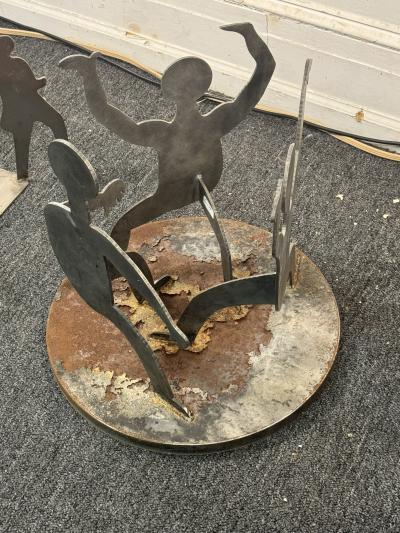 PAIR OF POST MODERN SILHOUETTE METAL FIGURE TABLES STANDS WITH BLUE AGATE TOPS