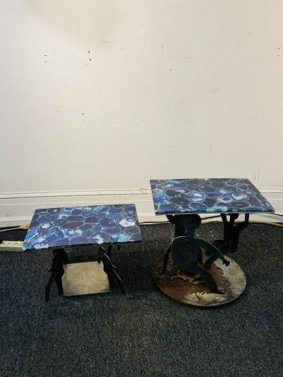 PAIR OF POST MODERN SILHOUETTE METAL FIGURE TABLES STANDS WITH BLUE AGATE TOPS