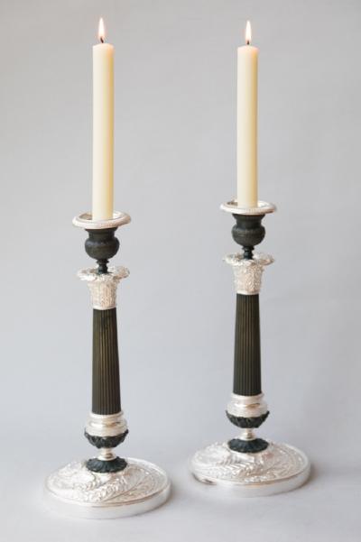 PAIR OF RESTAURATION PATINATED BRONZE AND BRONZE SILVER PLATED CANDLESTICKS