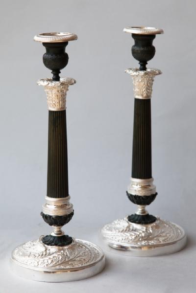 PAIR OF RESTAURATION PATINATED BRONZE AND BRONZE SILVER PLATED CANDLESTICKS