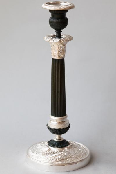 PAIR OF RESTAURATION PATINATED BRONZE AND BRONZE SILVER PLATED CANDLESTICKS