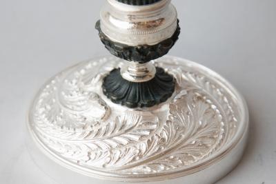 PAIR OF RESTAURATION PATINATED BRONZE AND BRONZE SILVER PLATED CANDLESTICKS